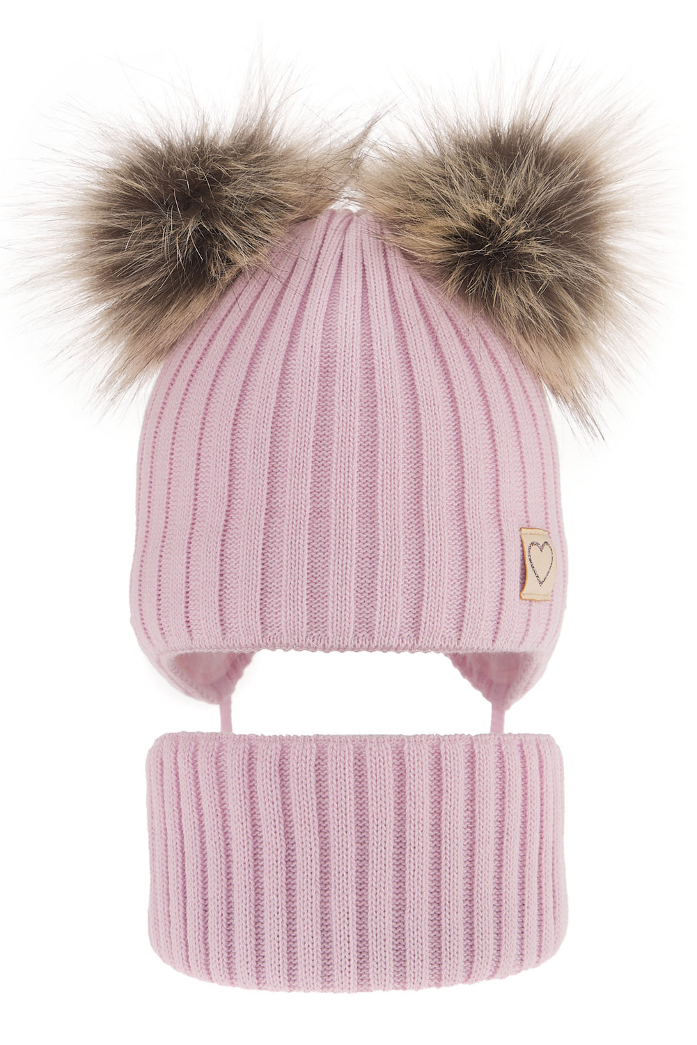 Ensemble d'hiver fille: bonnet et snood, rose, avec deux pompons, avec liens, Telisa