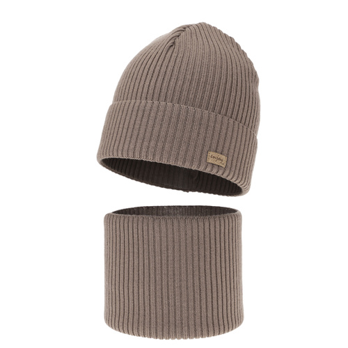Ensemble automne/printemps garçon: bonnet et snood, beige foncé, 100% Laine Mérinos, Intro