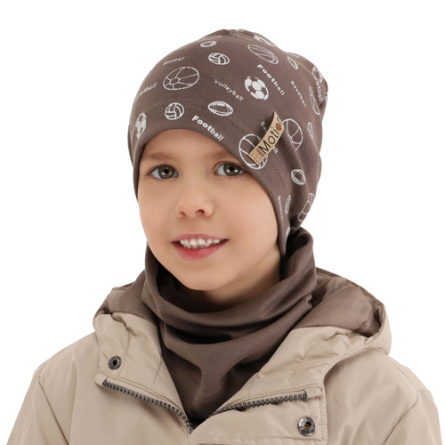 Ensemble automne/printemps garçon: bonnet et snood, kaki, en coton, Paolo
