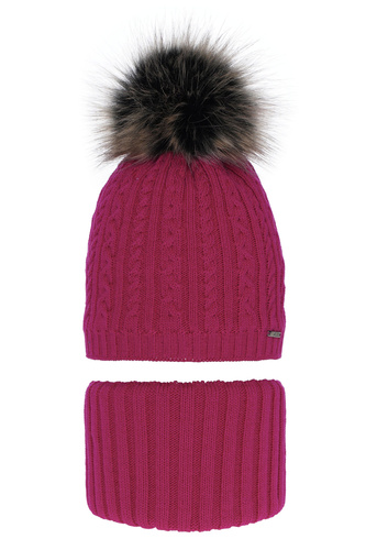 Ensemble d'hiver fille: bonnet et snood, rose, avec pompon, Rima
