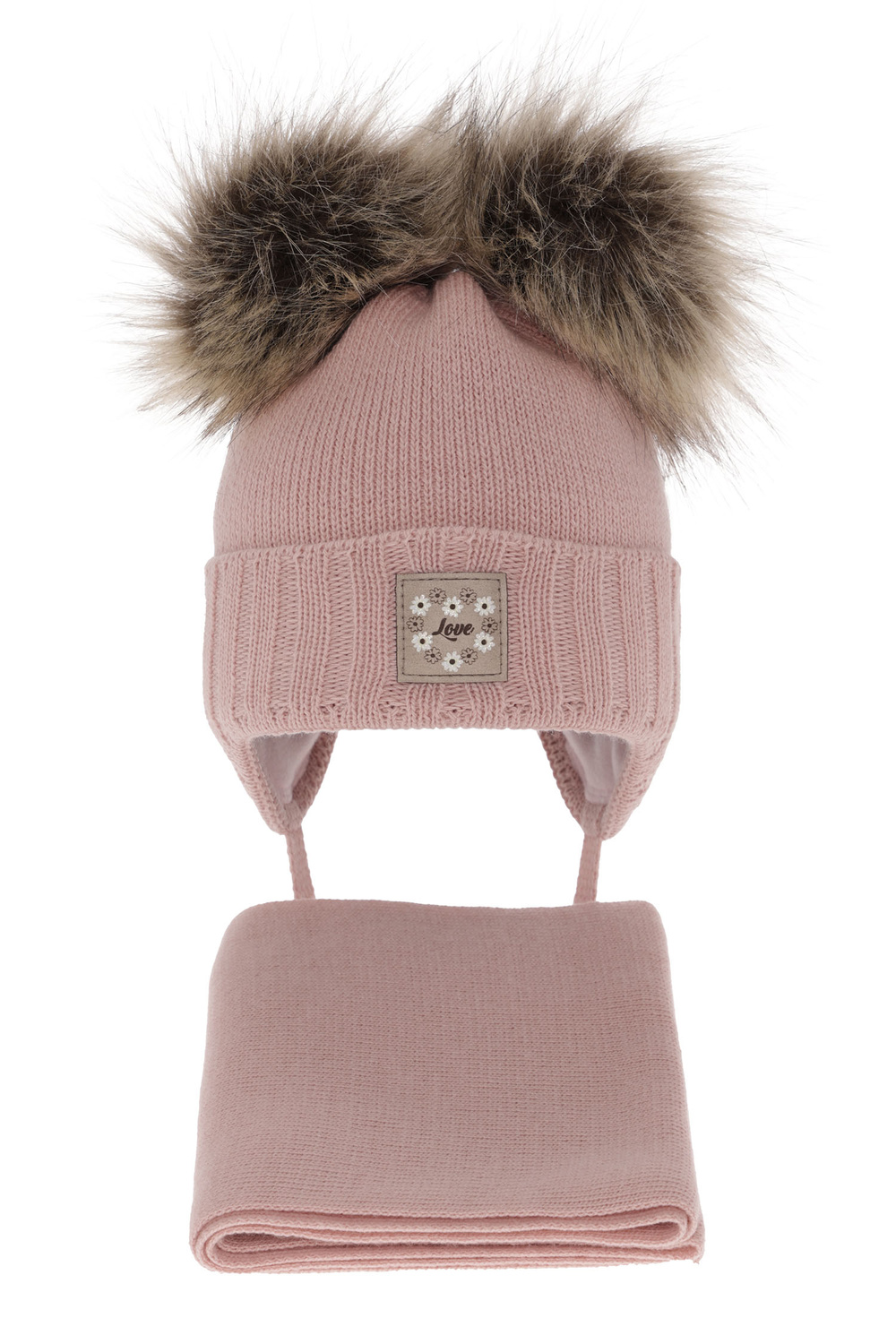 Ensemble d'hiver fille: bonnet et écharpe, rose, avec deux pompons, Jazz