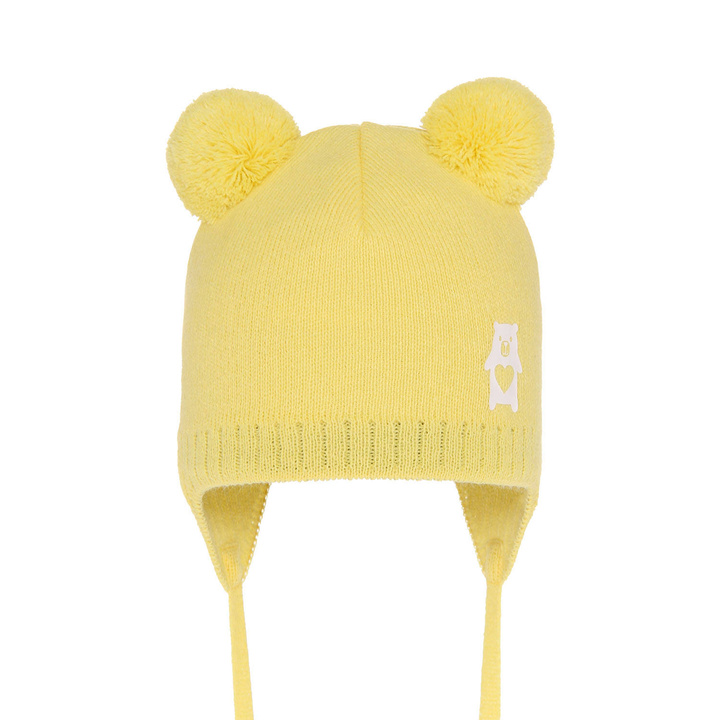 Bonnet automne/printemps garçon, jaune, avec deux pompons, avec liens, Barney