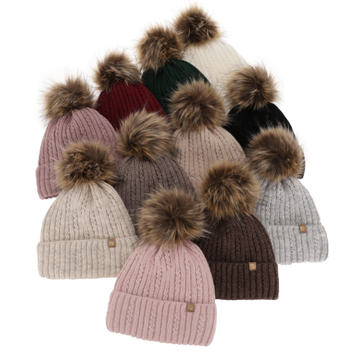 Bonnet d'hiver femme, crème, avec pompon, Savona