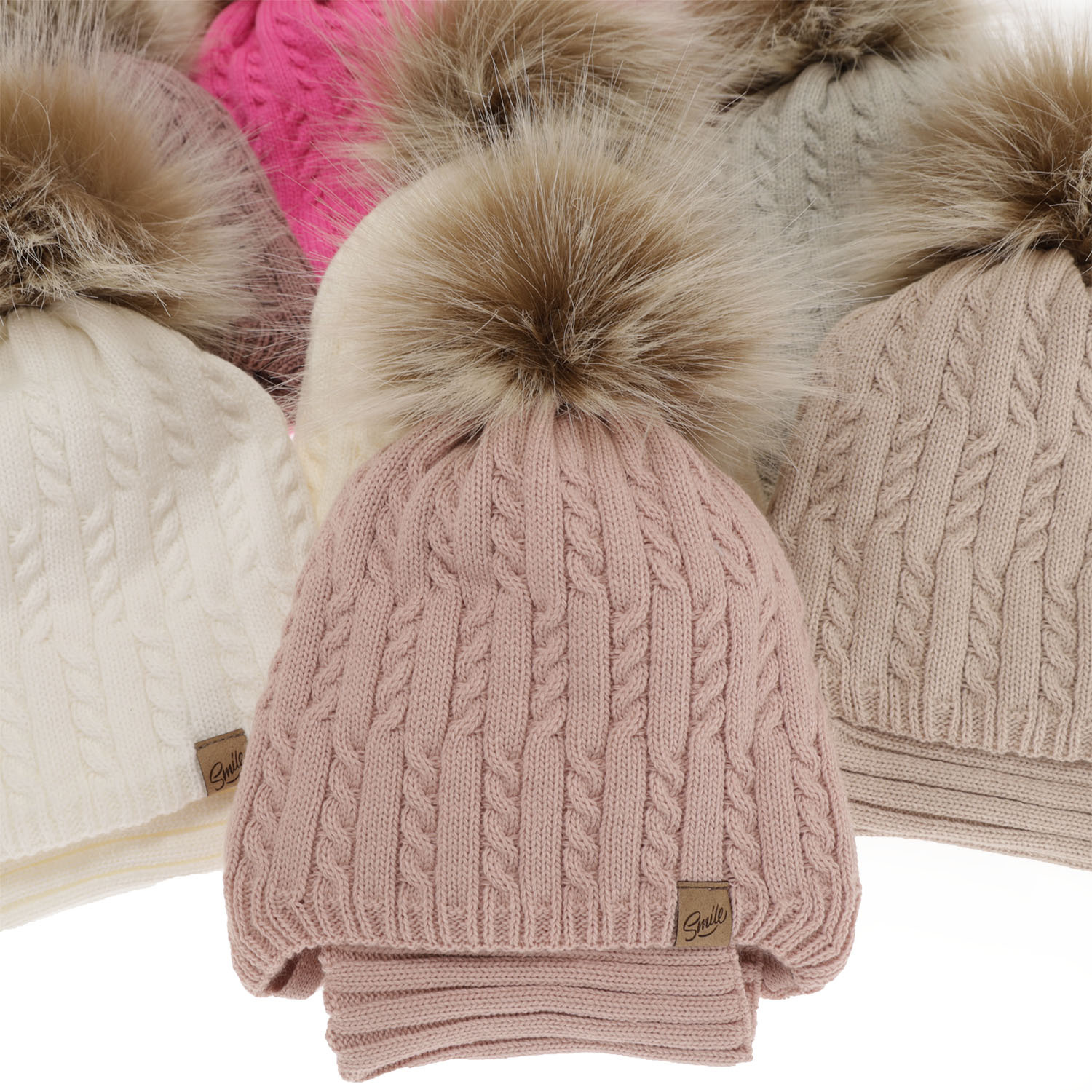Ensemble d'hiver fille: bonnet et snood, blanc, avec pompon, Loreley