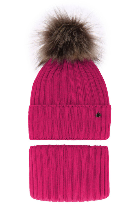 Ensemble d'hiver fille: bonnet et snood, rose, avec pompon, Wilma