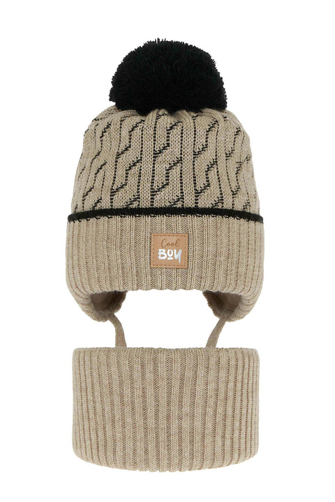 Ensemble d'hiver garçon: bonnet et snood, beige, avec pompon, Pikolo