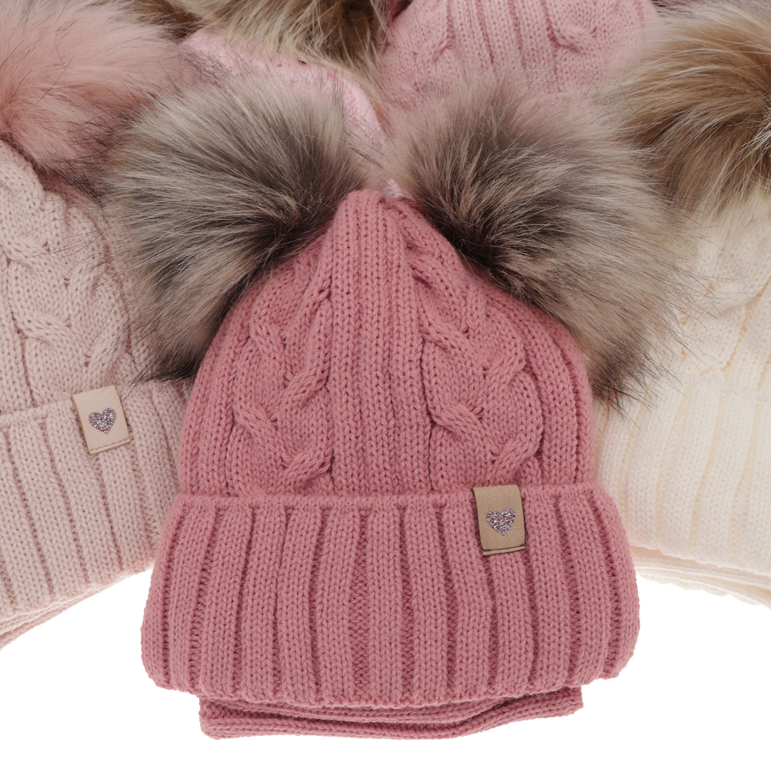 Ensemble d'hiver fille: bonnet et snood, rose, avec deux pompons, Amala