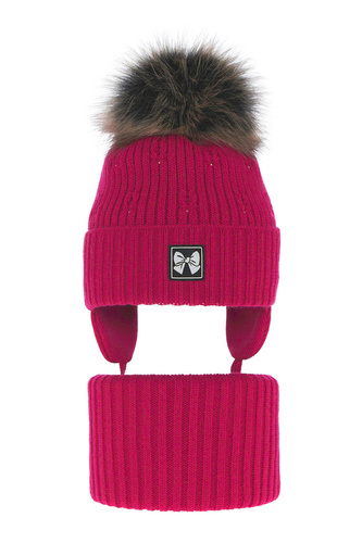 Ensemble d'hiver fille: bonnet et snood, rose, avec pompon, Kinia