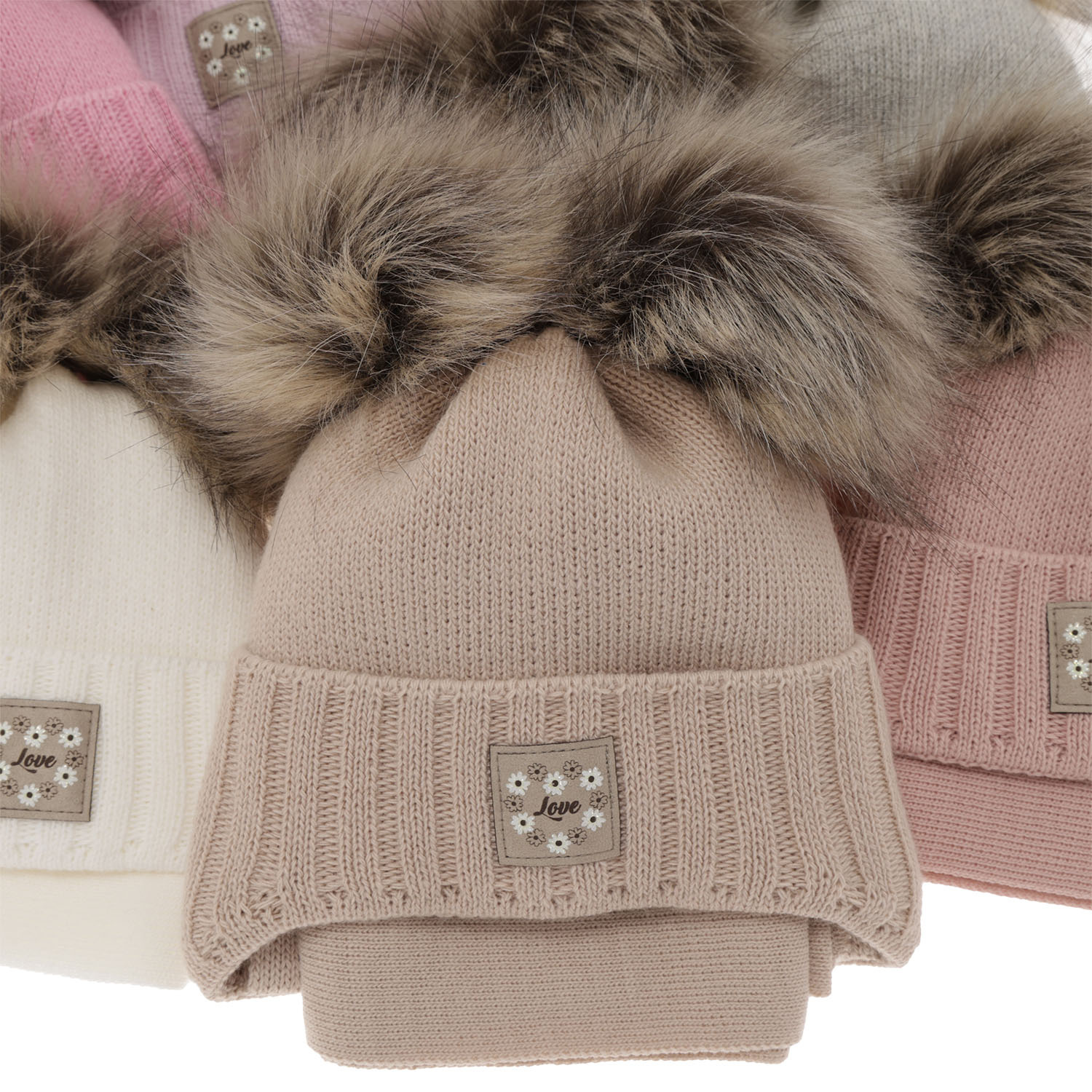 Ensemble d'hiver fille: bonnet et écharpe, rose clair, avec deux pompons, lié, Jazz
