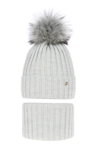 Ensemble d'hiver fille: bonnet et snood, gris, avec pompon, Wilma
