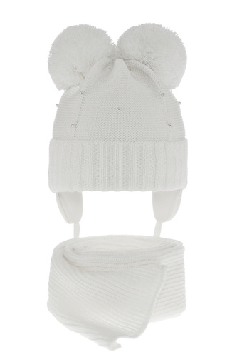 Ensemble d'hiver fille: bonnet et écharpe, blanc, avec deux pompons, wiązany Fibien