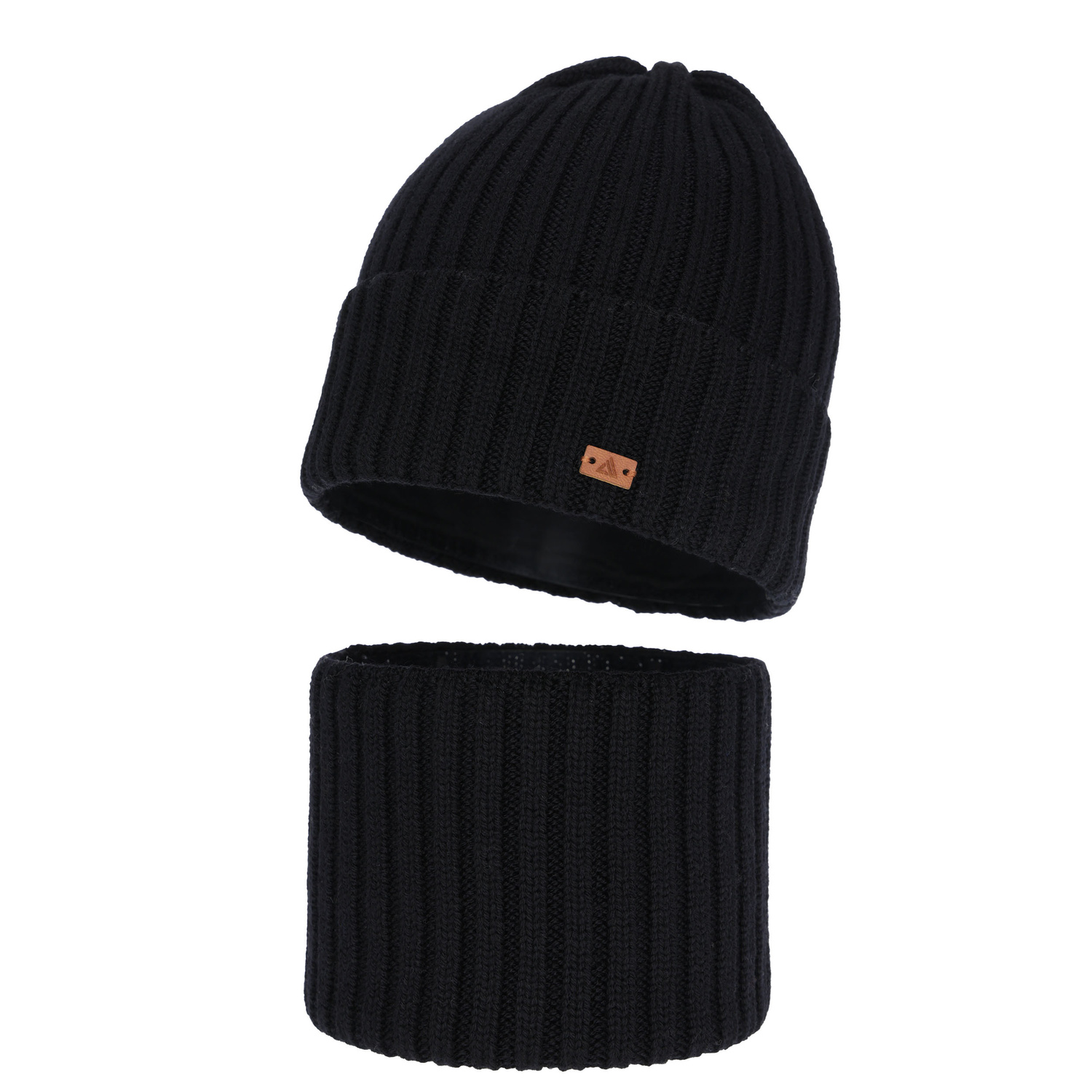 Ensemble d'hiver garçon: bonnet et snood, noir, 100% laine mérinos, Umberto