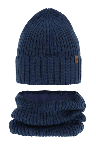 Ensemble d'hiver garçon: bonnet et tour de cou, bleu, avec laine mérinos, Metis