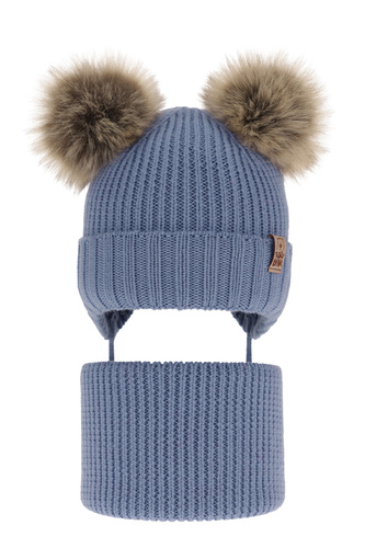 Ensemble d'hiver garçon: bonnet et snood, bleu, avec liens, 100% Laine Mérinos Extrafine, Konor