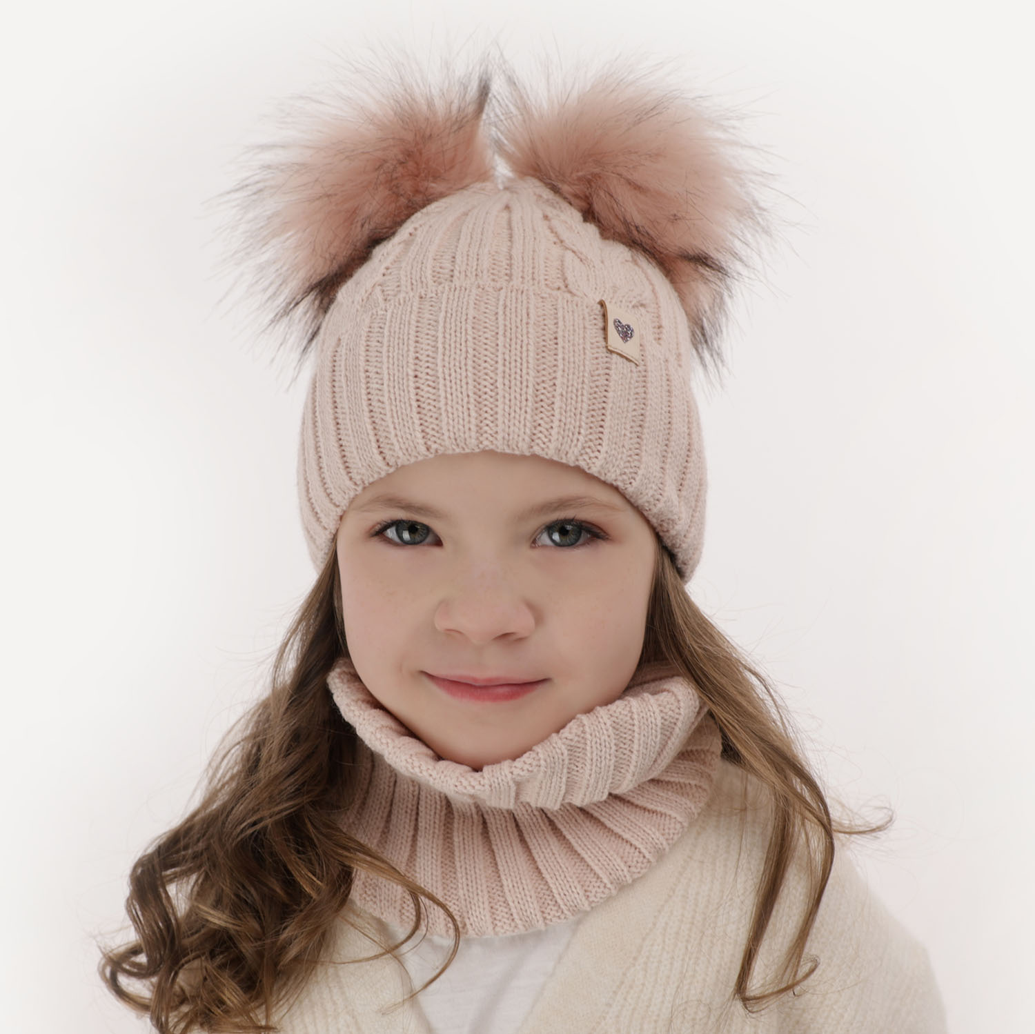 Ensemble d'hiver fille: bonnet et snood, violet, avec deux pompons, Amala
