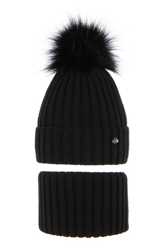 Ensemble d'hiver fille: bonnet et snood, noir, avec pompon, Wilma