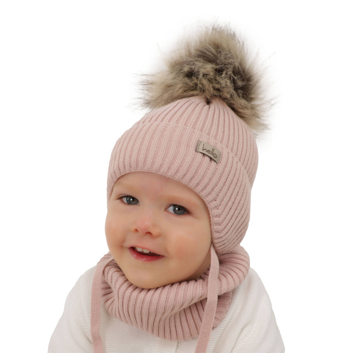 Ensemble d'hiver fille: bonnet et snood, rose, avec liens, Bria