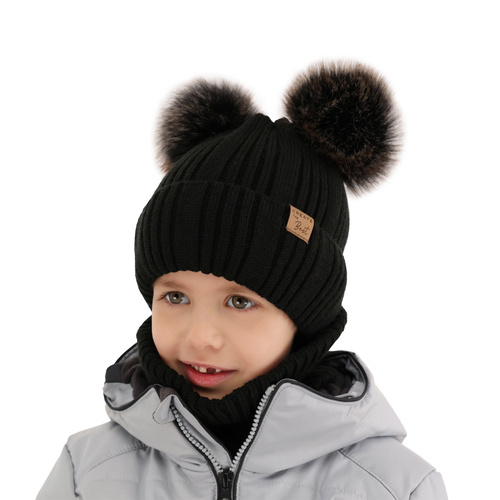 Ensemble d'hiver garçon: bonnet et snood, gris clair, avec deux pompons, Bilard