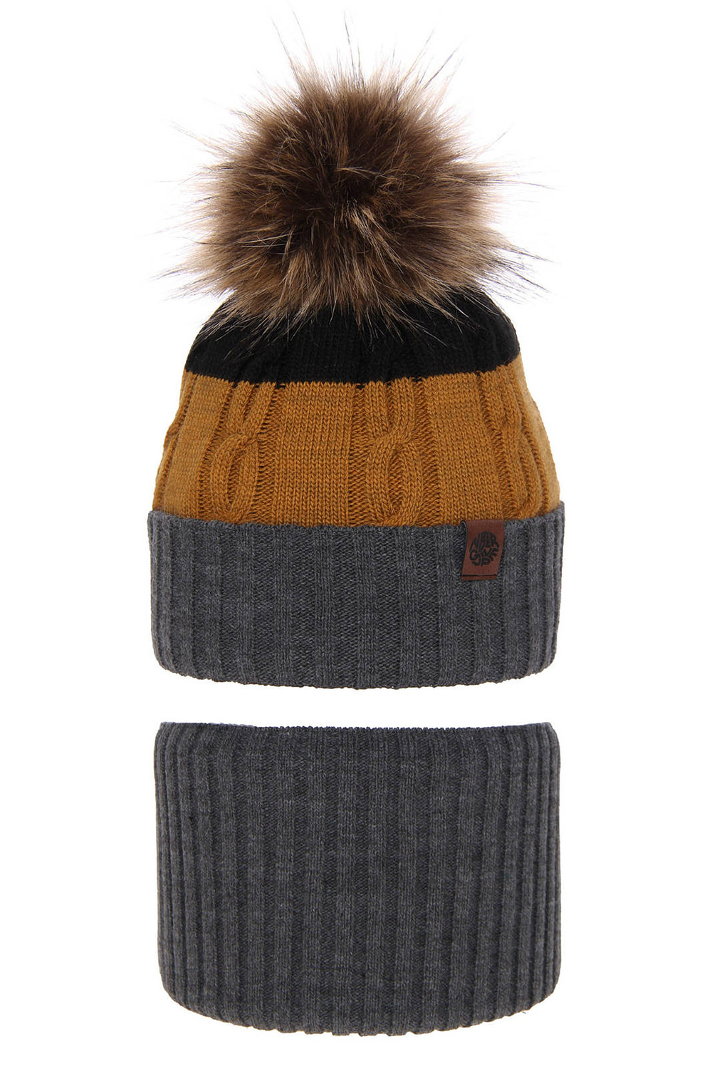 Ensemble d'hiver garçon: bonnet et snood, gris, avec pompon, Karmel
